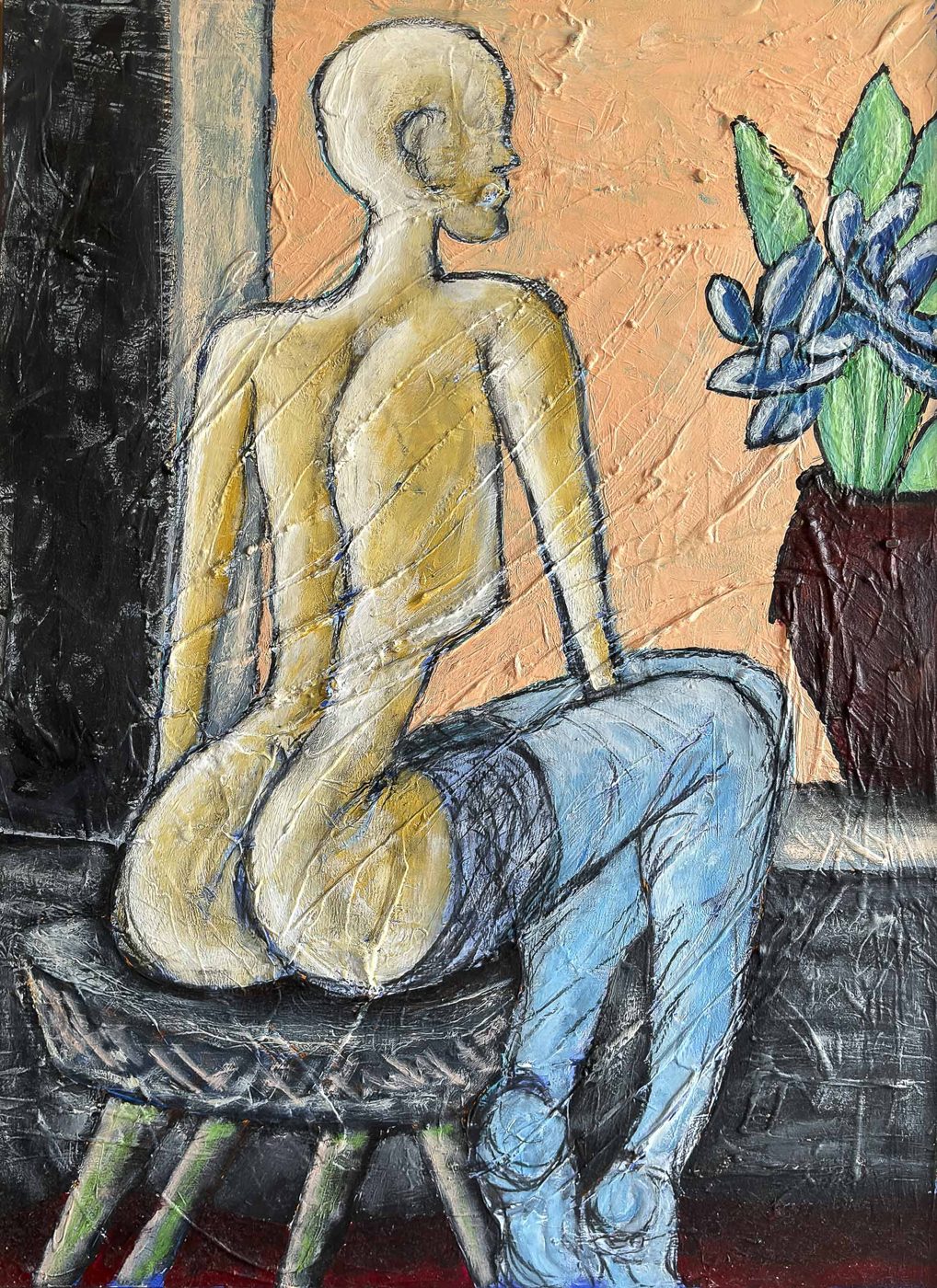 Frau in blauen Strümpfen vor Lilien